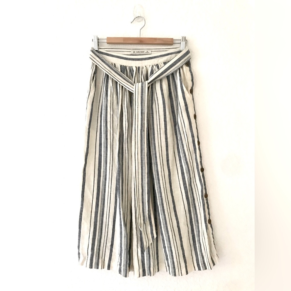 Zara Striped 100% Linen Midi Skirt with Tie Size M, 2 Pockets, Cottage, EUC
